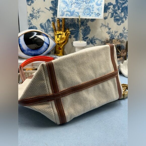 🆕 GANNI 🧿 NWT Small Banner Tote, Egret Cream Canvas & Tan Leather - Picture 8 of 14